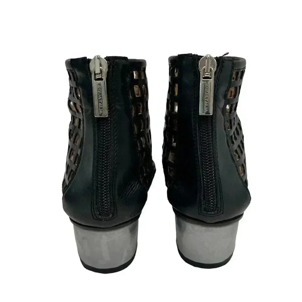 Aquatalia Perforated Fishnet Laser Cut Ankle Booties Black Leather Women’s 6 - Picture 5 of 10